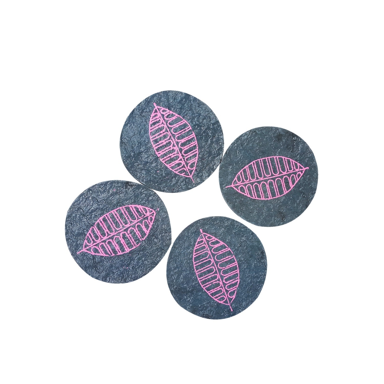 Paper Mache blue coasters, pink autumn leaf print (4 pieces)
