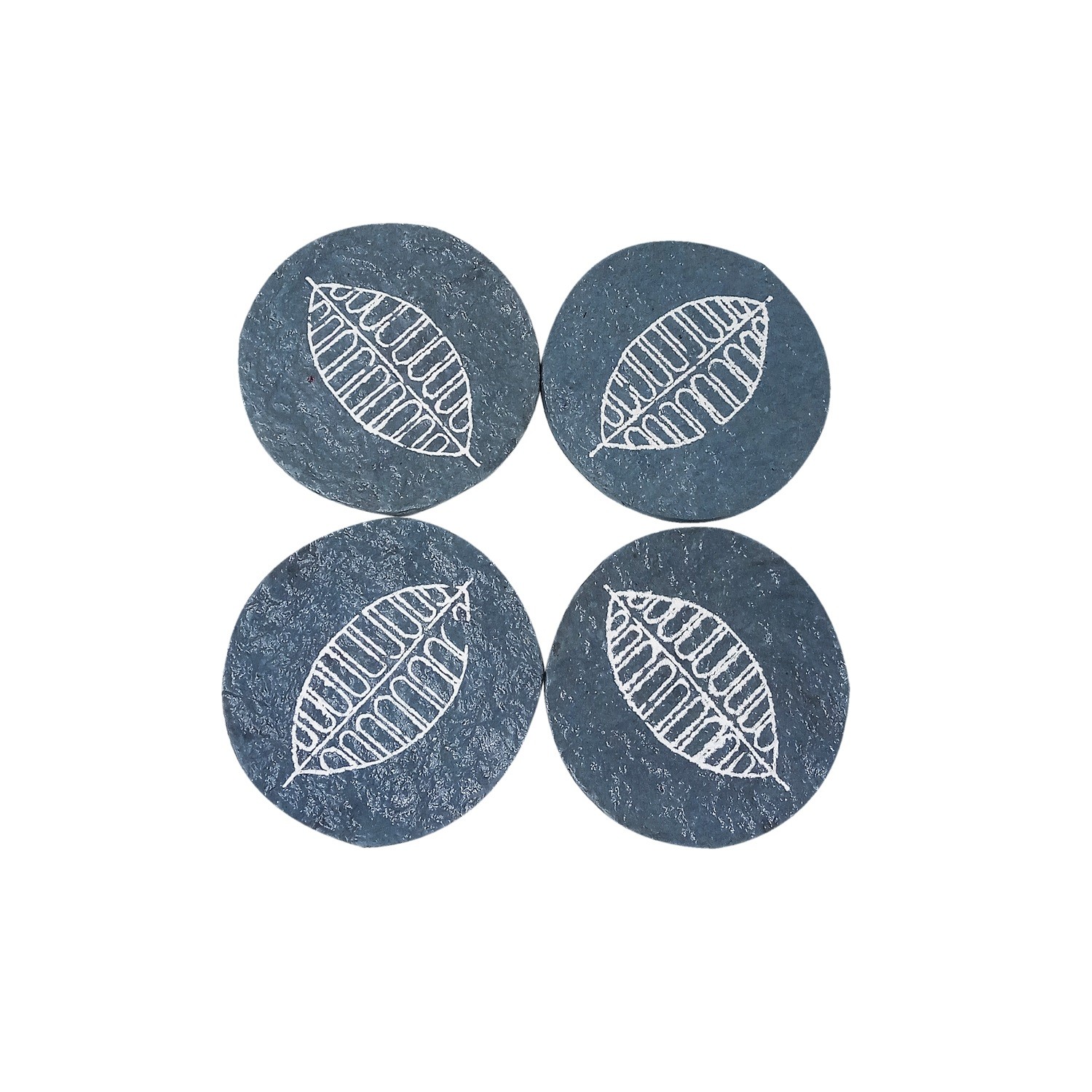 Paper Mache blue coasters, white autumn leaf print (4 pieces)
