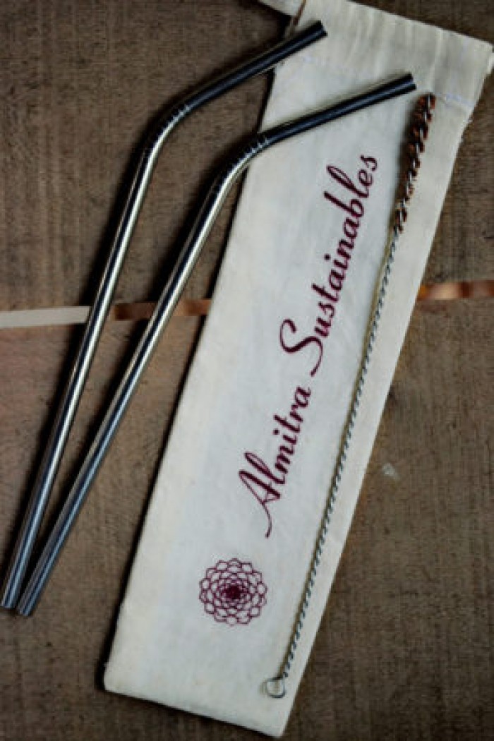 Almitra Sustainables: Reusable Stainless Steel Straws - Bent with Cleaner