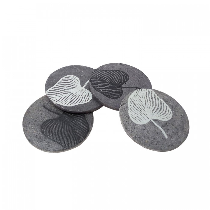 Paper mache light and dark grey coasters, black and off-white heart leaf print (2 black print, 2 off-white = 1 set)