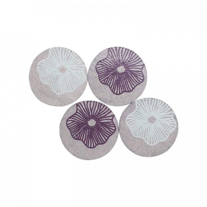 Paper mache mauve coasters, dark mauve and off-white poppy flower print (2 dark mauve print, 2 off-white = 1 set)