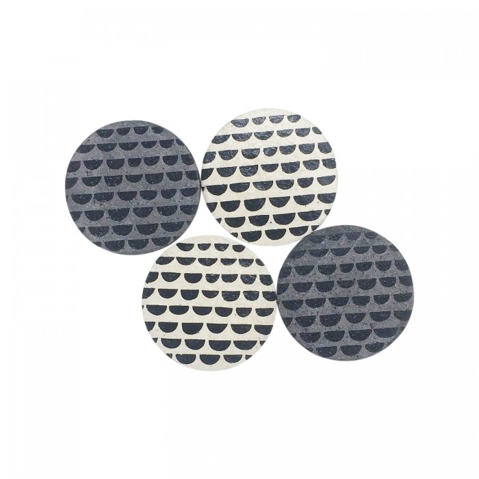 Paper mache grey and white coasters, black clouds print (2 grey, 2 white = 1 set)