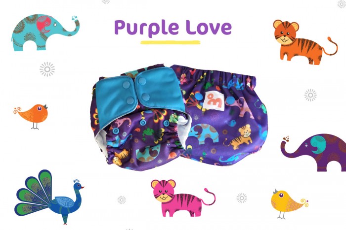 UNO Reusable cloth diaper with 2 Organic Cotton inserts (One dry-feel insert and one booster) [Day & Night Use]- Purple Love